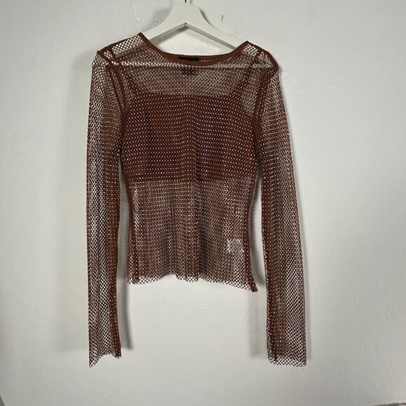 House of Harlow 1960 Tops - House of Harlow 1960 Womens Mesh Sweater/Top Medium Rhinestones Brown Metallic
